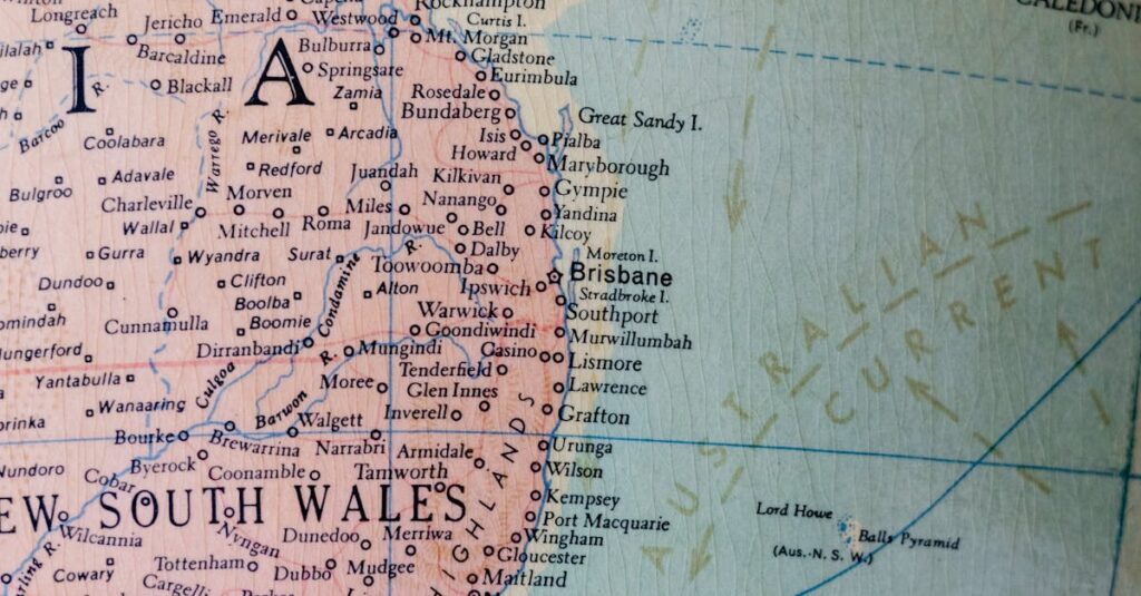 Close-up view of a detailed map highlighting eastern Australia with major cities and coastal information.